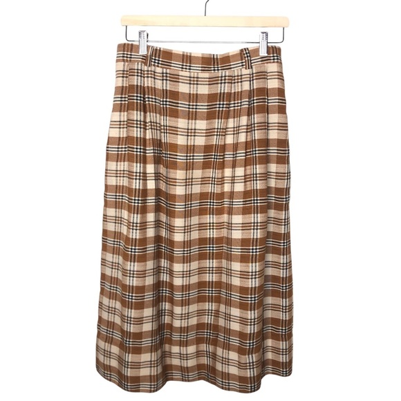 VINTAGE 80s Requirements Brown Cream Plaid Knee Length Stretch Waist Skirt 12 L - Picture 1 of 8